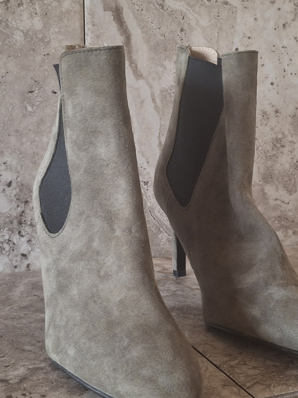 Women's Antonio De Faria Suede Ankle Booties in Olive with Elastic Insets